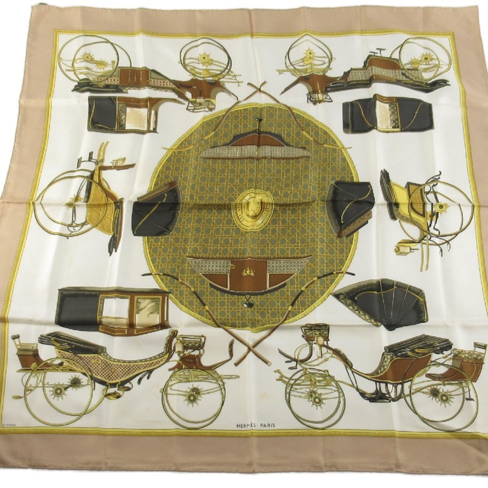 Hermes Silk Scarf 90cm Tan, Brown, and Cream Carriages lattice